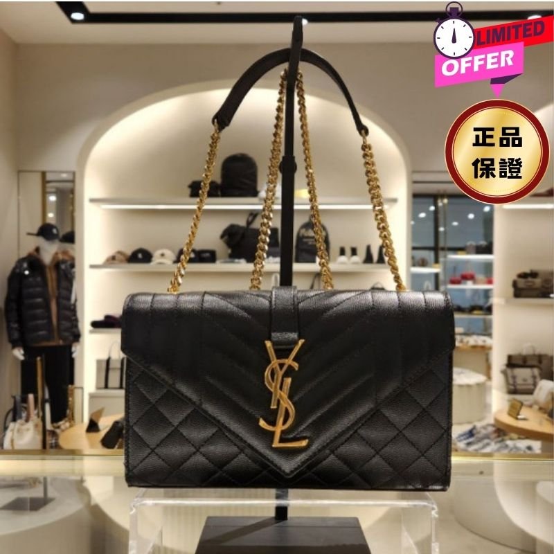 ⏰限時特賣 專櫃8萬6千3🌺Saint Laurent YSL 600195 三種衍縫粒面壓紋皮革信封包  黑色及 金色Logo-0