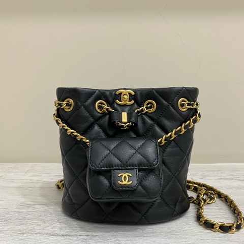 Chanel 子母後背包雙肩包 黑金小牛皮