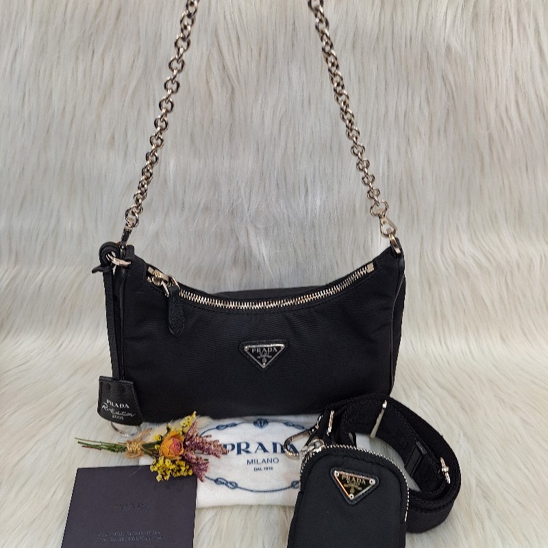 PRADA  黑色尼龍布銀鍊三合一 零錢/肩背/斜背包-0