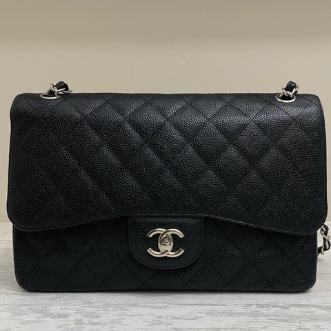 Chanel cf jumbo 黑銀 30cm 雙蓋荔枝牛