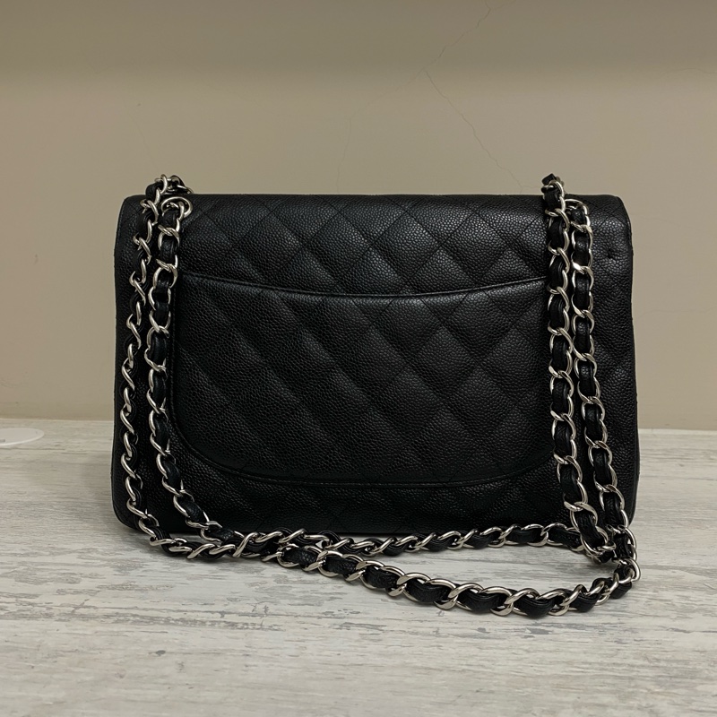 Chanel cf jumbo 黑銀 30cm 雙蓋荔枝牛-1