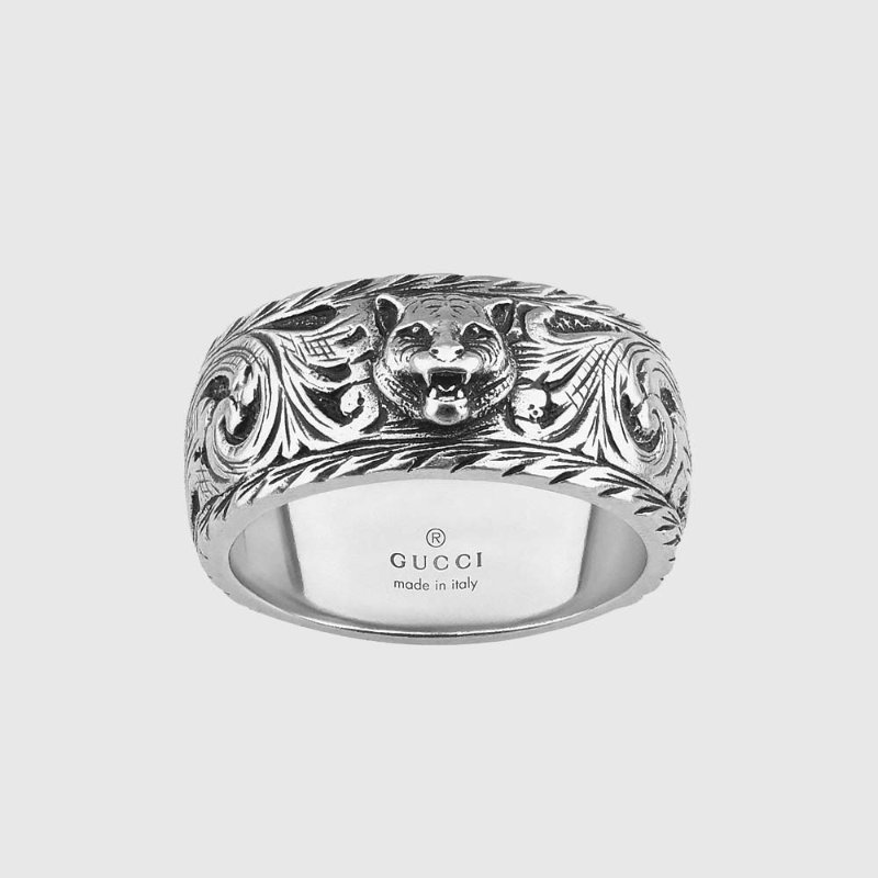 GUCCI GATTO 虎頭仿舊雕花戒指 925銀 古馳-1