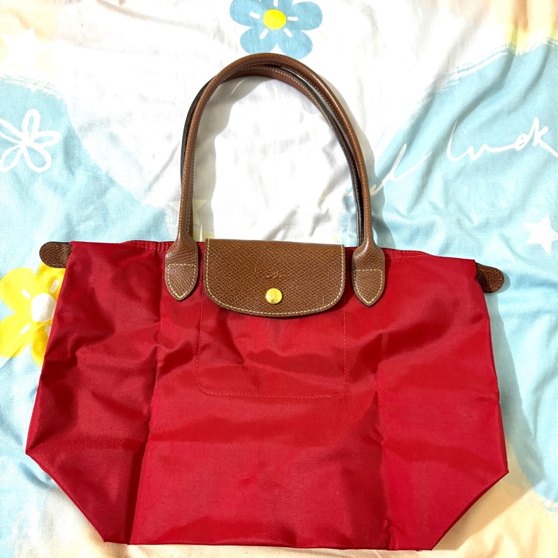 正品 LONGCHAMP Le pliage 長提把摺疊水餃包紅色 M號-1