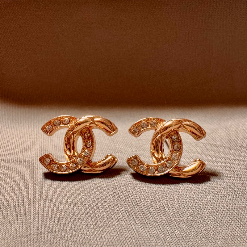 Chanel Vintage 金色水鑽菱格耳環-0