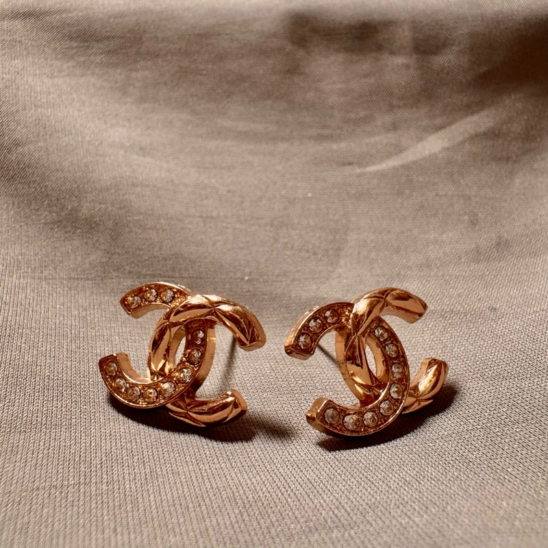 Chanel Vintage 金色水鑽菱格耳環-1