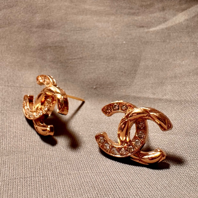 Chanel Vintage 金色水鑽菱格耳環-2