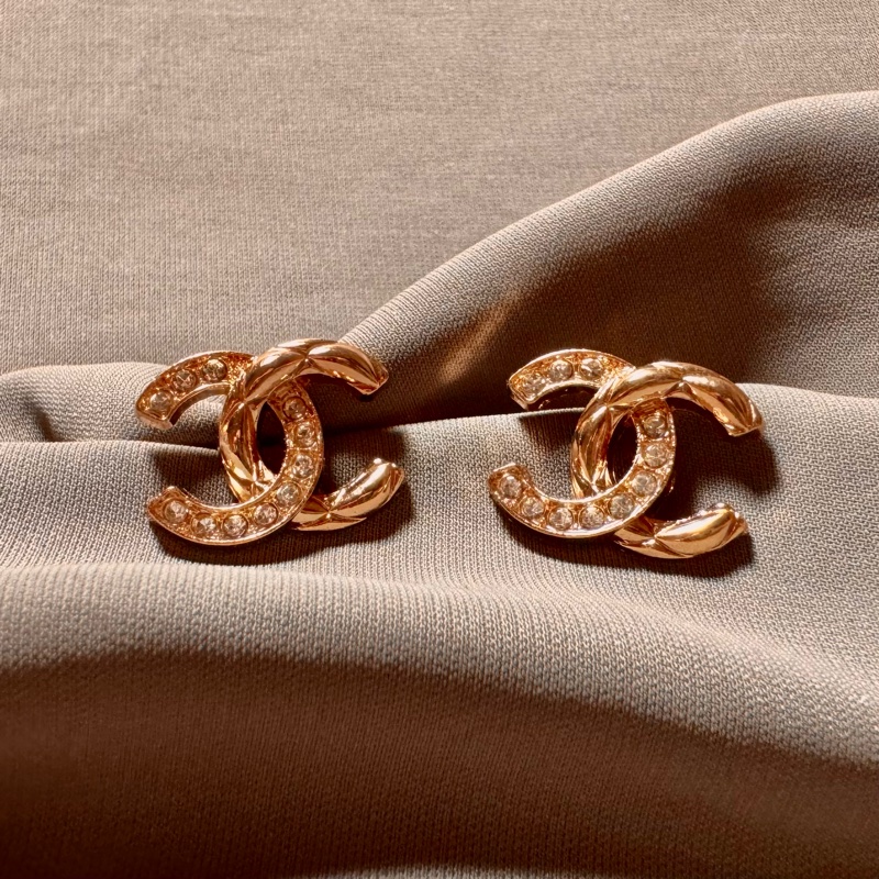 Chanel Vintage 金色水鑽菱格耳環-4