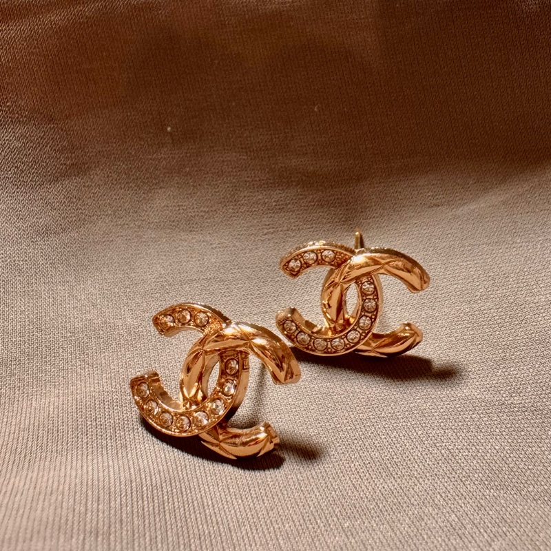 Chanel Vintage 金色水鑽菱格耳環-5