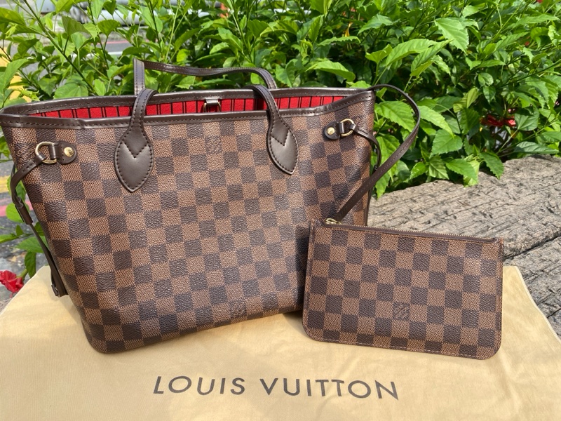 近新Louis Vuitton棋盤格Neverfull PM小款抽繩束口購物包M40600原N41359-0