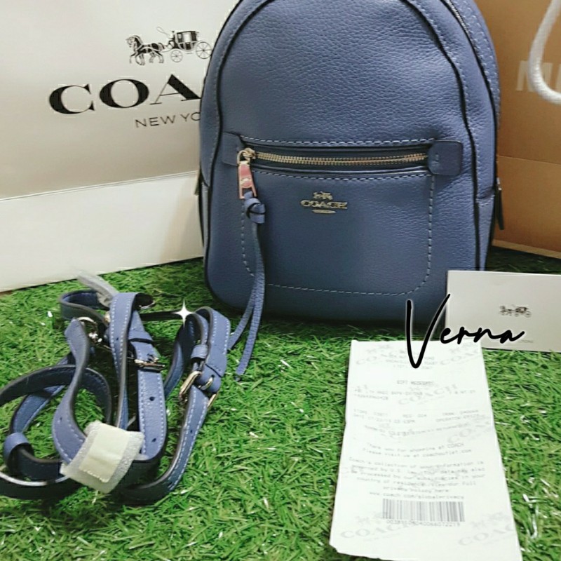 ❤全新正品【COACH銀色馬車LOGO】稀有法國藍色🉐️荔枝牛皮手提/斜背/後背三用包❤-0