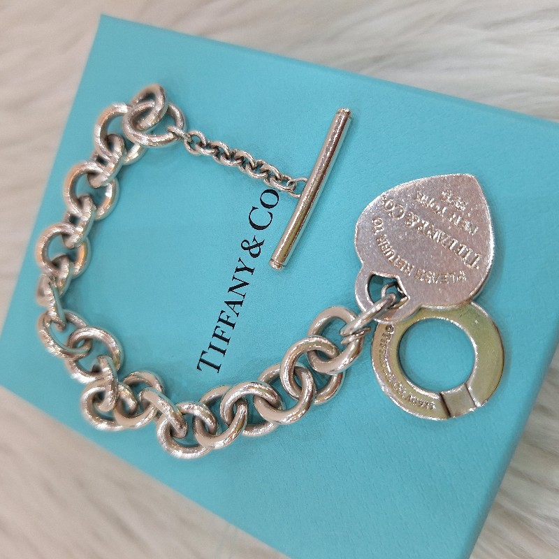 超特價TIFFANY & CO.蒂芬妮 925 純銀 刻字 愛心牌 T扣 手鍊-2