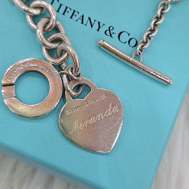 超特價TIFFANY & CO.蒂芬妮 925 純銀 刻字 愛心牌 T扣 手鍊-4