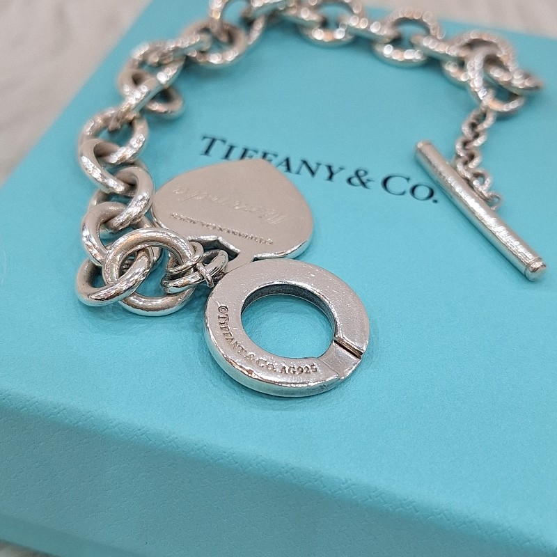 超特價TIFFANY & CO.蒂芬妮 925 純銀 刻字 愛心牌 T扣 手鍊-5