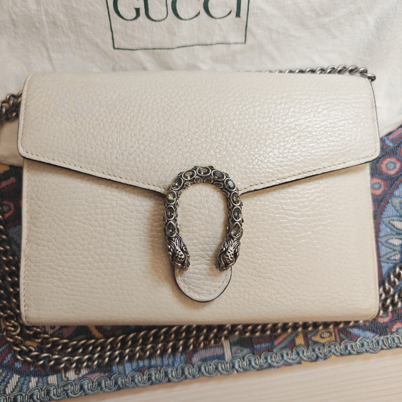 🔥特價💥Gucci 白色 荔枝牛皮 酒神 WOC mini 迷你 素面 鍊條包 小包 側揹包 斜揹包 手提包-3