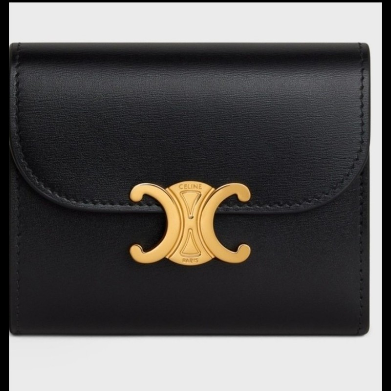 Celine 凱旋門三折短夾 亮面牛皮革小型TRIOMPHE銀包(黝黑色，9成新，日本專櫃購入）-6