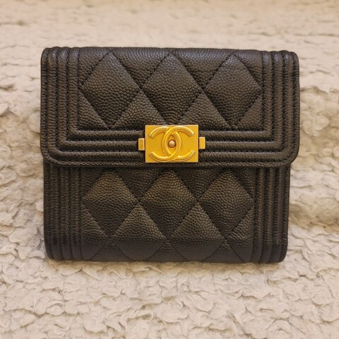 ♥端午連假限時大優惠♥Chanel 香奈兒 經典Boy系列荔枝紋牛皮黑金錢包 短夾