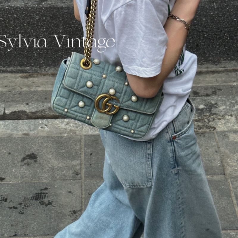 Gucci馬蒙包牛仔珍珠日本限定 斜背包 22cm（已保留）售出-5