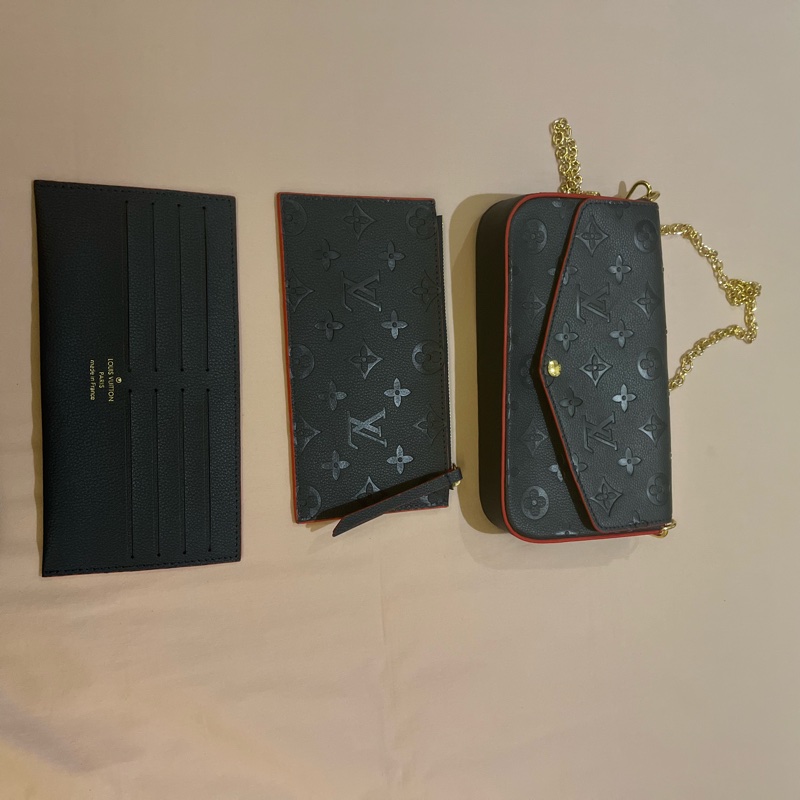 LV 路易威登 海軍藍 紅邊 雙拚色 皮革 壓紋 三合一 金鍊 信封 WOC包 M64099 鏈子包 單肩包-1