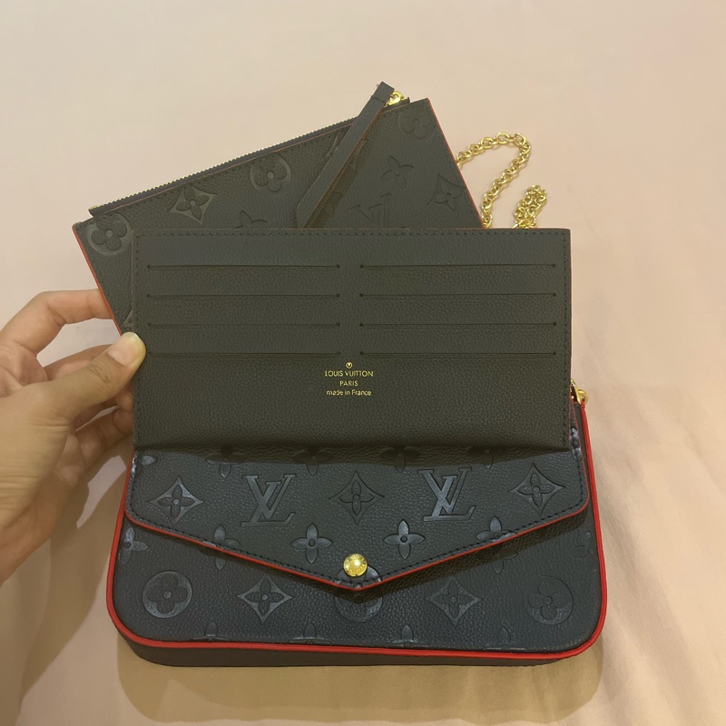 LV 路易威登 海軍藍 紅邊 雙拚色 皮革 壓紋 三合一 金鍊 信封 WOC包 M64099 鏈子包 單肩包-10