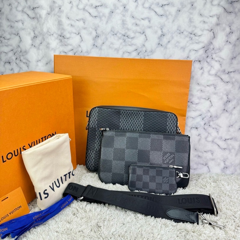 LV N50017 TRIO棋盤格LOGO Damier Graphite帆布男士三合一斜背郵差包(黑灰)  ⭕️晶片款⭕️近新閒置品⭕️-0