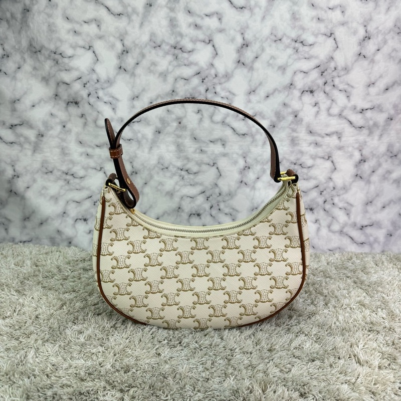 Celine Ava 復古老花腋下包 月亮包 白色-0