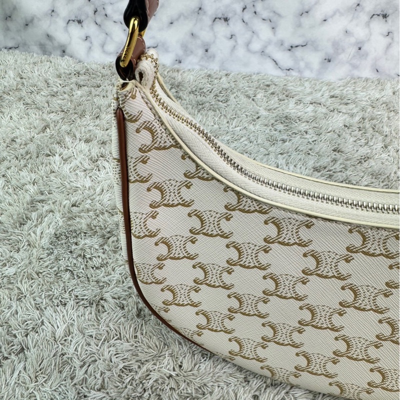 Celine Ava 復古老花腋下包 月亮包 白色-13