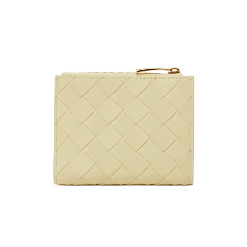 BOTTEGA VENETA 經典編織小牛皮暗釦短夾 燕麥色 金釦Porridge-Gold flap purse-1