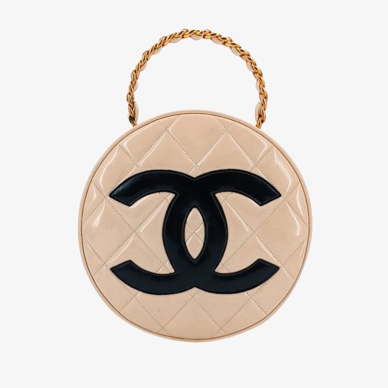 CHANEL Vintage Beige Patent Leather Round Vanity Handbag-0