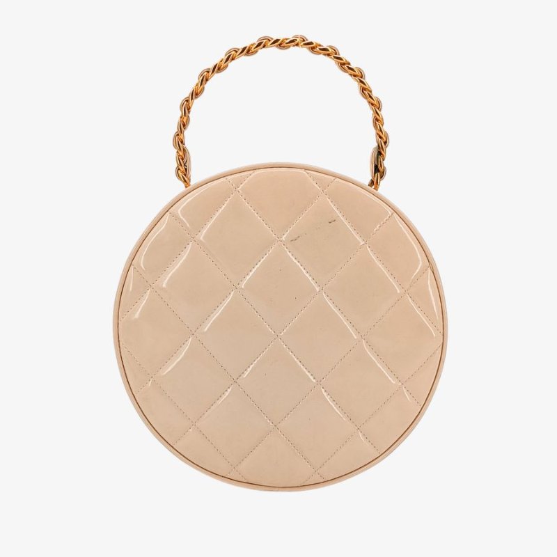 CHANEL Vintage Beige Patent Leather Round Vanity Handbag-1