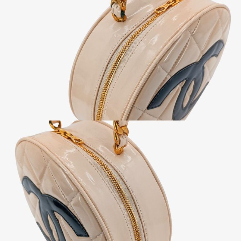 CHANEL Vintage Beige Patent Leather Round Vanity Handbag-2