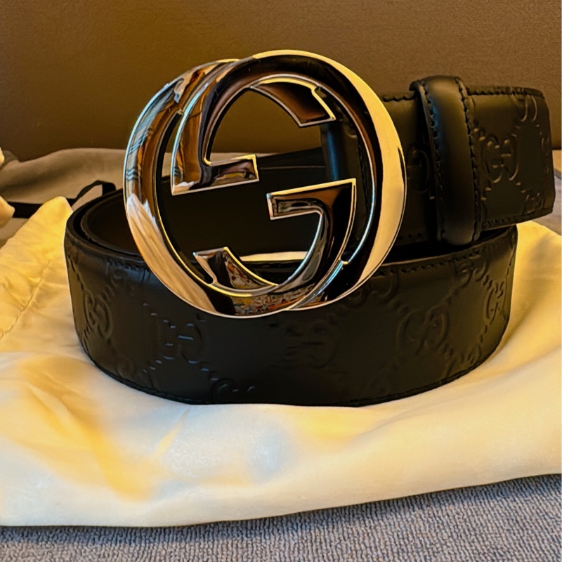GUCCI 男士銀扣皮帶 經典壓紋 95cm-6