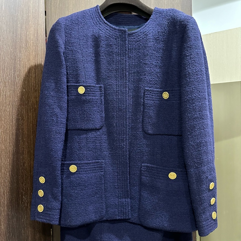 Chanel 香奈兒 深藍色金鈕扣古董經典四口袋全羊毛外套 裙子 套裝 海軍藍毛呢-0