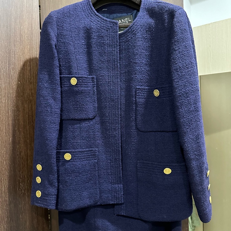 Chanel 香奈兒 深藍色金鈕扣古董經典四口袋全羊毛外套 裙子 套裝 海軍藍毛呢-7