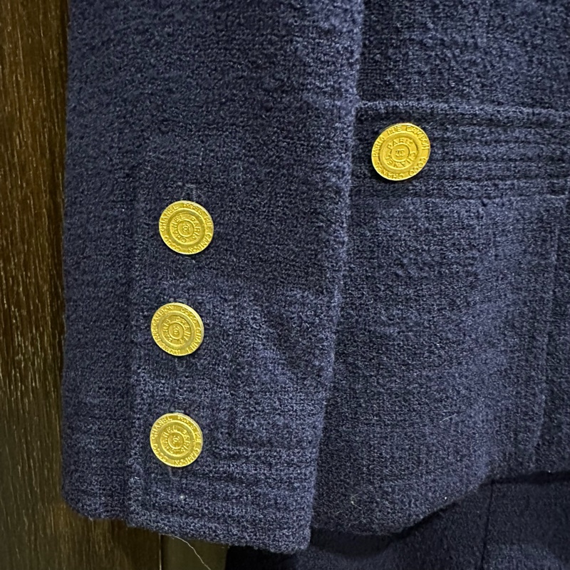 Chanel 香奈兒 深藍色金鈕扣古董經典四口袋全羊毛外套 裙子 套裝 海軍藍毛呢-11