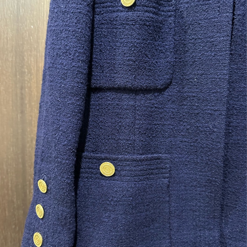 Chanel 香奈兒 深藍色金鈕扣古董經典四口袋全羊毛外套 裙子 套裝 海軍藍毛呢-12