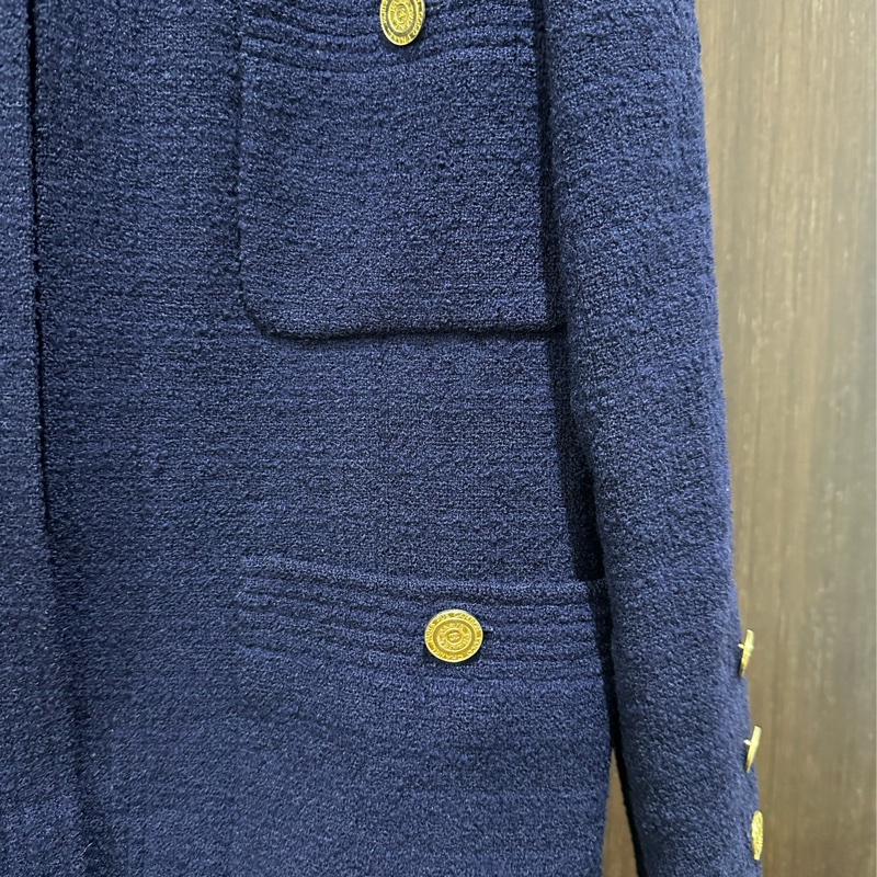 Chanel 香奈兒 深藍色金鈕扣古董經典四口袋全羊毛外套 裙子 套裝 海軍藍毛呢-13