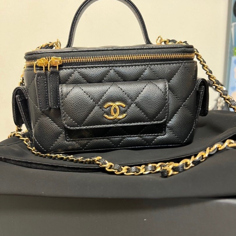 Chanel 香奈兒 黑金牛 魚子醬牛皮金扣 長盒子-0