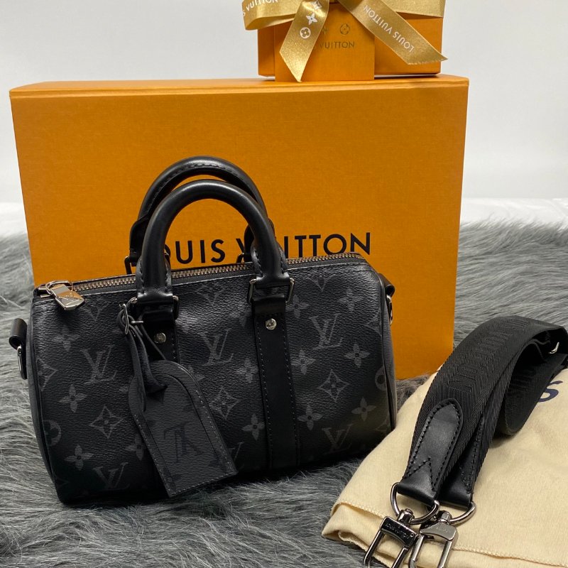 Louis Vuitton LV 黑拼灰老花字紋 Keepall Bandoulière 25手提肩背兩用包-0