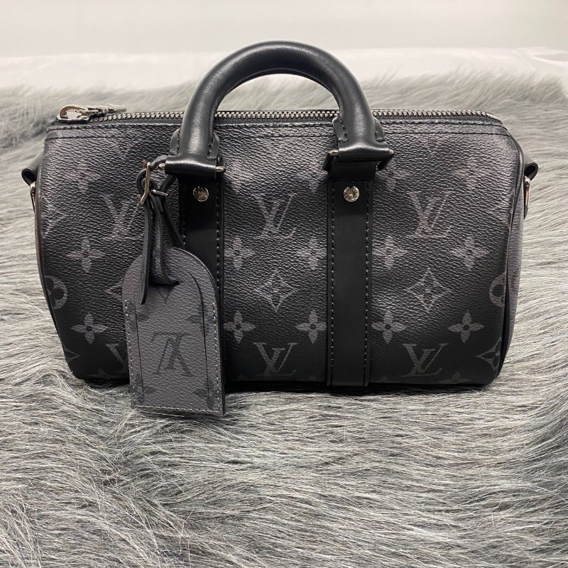 Louis Vuitton LV 黑拼灰老花字紋 Keepall Bandoulière 25手提肩背兩用包-2