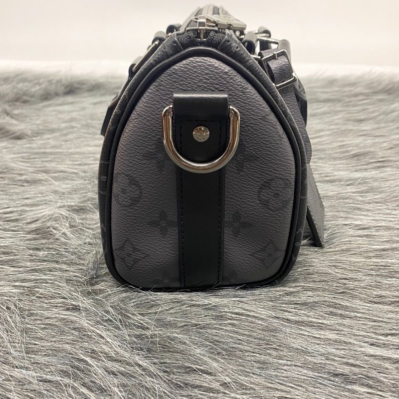 Louis Vuitton LV 黑拼灰老花字紋 Keepall Bandoulière 25手提肩背兩用包-4
