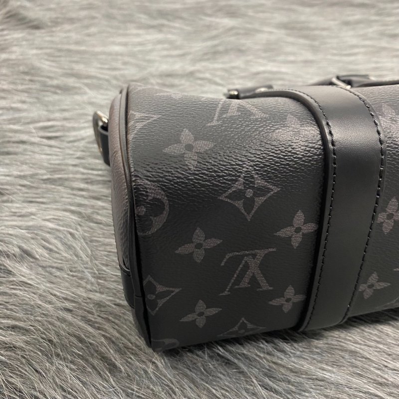 Louis Vuitton LV 黑拼灰老花字紋 Keepall Bandoulière 25手提肩背兩用包-5