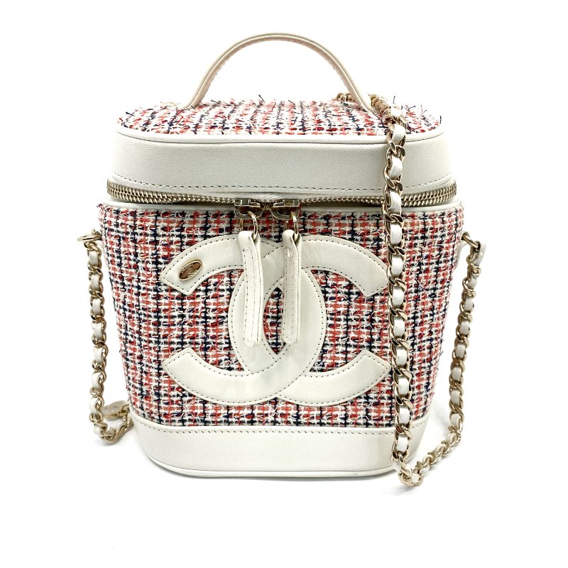 △ Chanel 香奈兒 White Lambskin Tweed Gold-tone Metal Chain Vanity Case 白色羊皮斜紋軟呢金色金屬鏈條化妝箱 AS0323 - 237013802-1