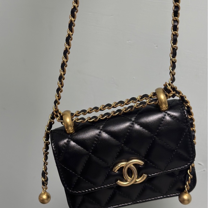 Chanel 香奈兒雙金球 小廢包 羊皮黑金 31開-1
