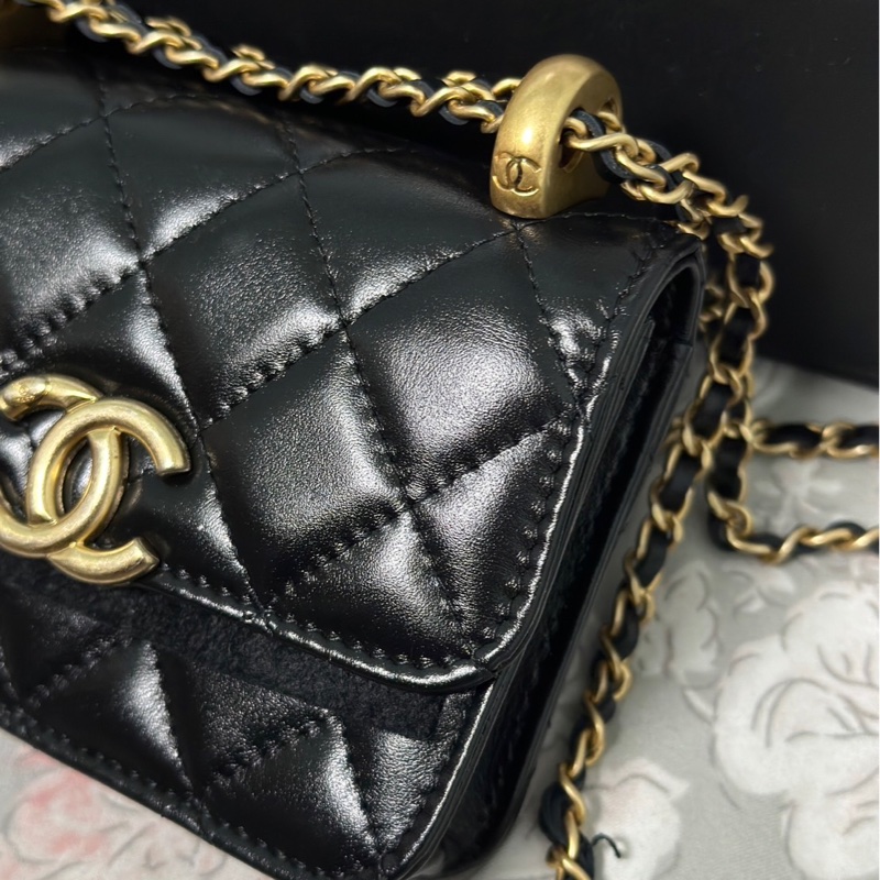 Chanel 香奈兒雙金球 小廢包 羊皮黑金 31開-3