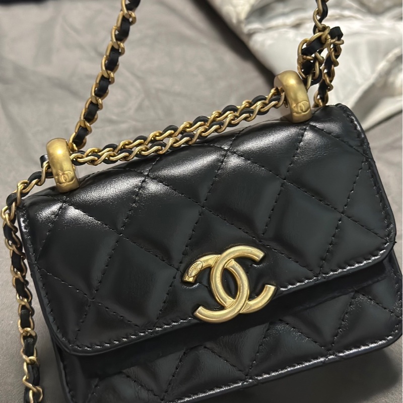 Chanel 香奈兒雙金球 小廢包 羊皮黑金 31開-5