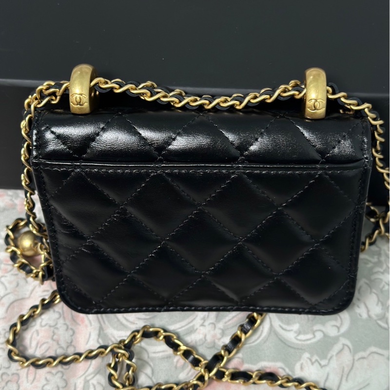 Chanel 香奈兒雙金球 小廢包 羊皮黑金 31開-6