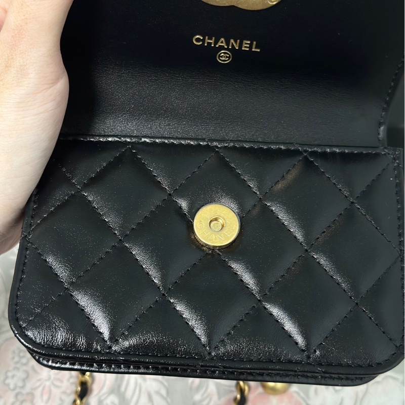 Chanel 香奈兒雙金球 小廢包 羊皮黑金 31開-10
