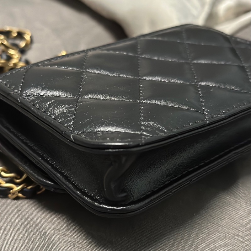 Chanel 香奈兒雙金球 小廢包 羊皮黑金 31開-14