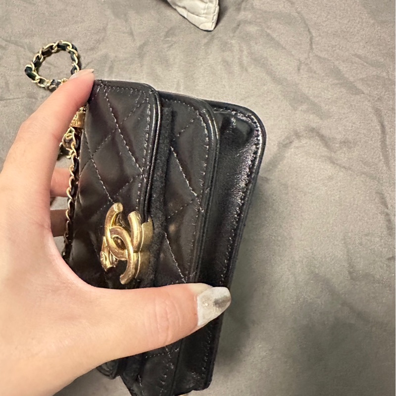 Chanel 香奈兒雙金球 小廢包 羊皮黑金 31開-16