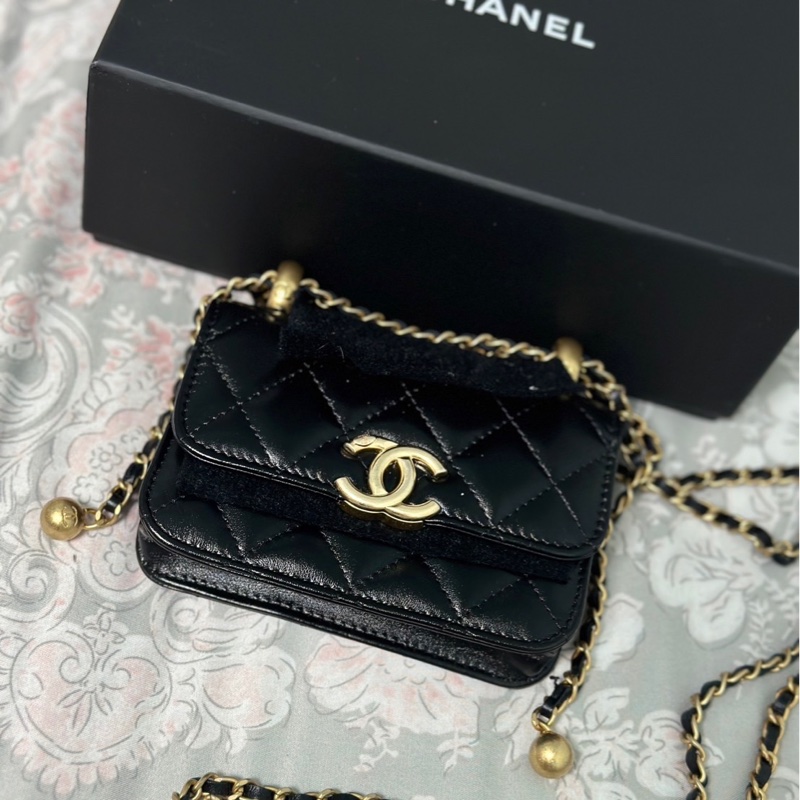 Chanel 香奈兒雙金球 小廢包 羊皮黑金 31開-4